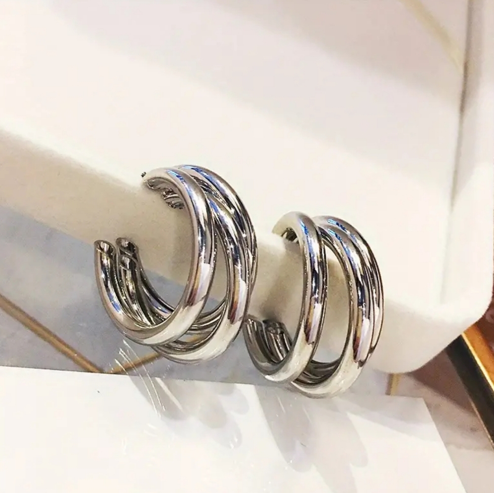 Glossy Silver Hoop Earrings - Picture 3 of 3